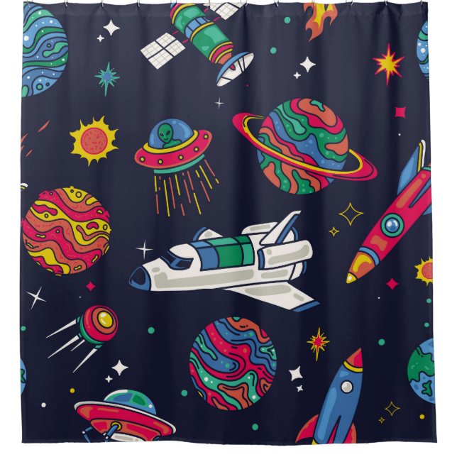 Spaceship in Galaxy seamless pattern. Background w (Front)