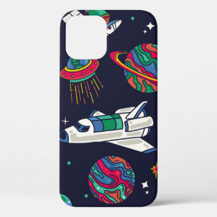 Spaceship in Galaxy seamless pattern. Background w iPhone 12 Case