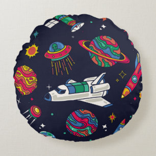 Spaceship in Galaxy seamless pattern. Background w Round Pillow