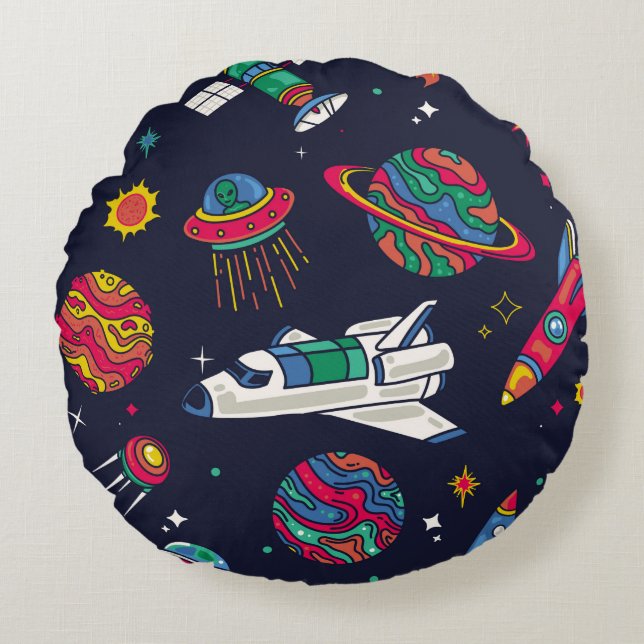 Spaceship in Galaxy seamless pattern. Background w Round Pillow (Front)