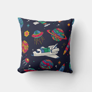 Spaceship in Galaxy seamless pattern. Background w Throw Pillow