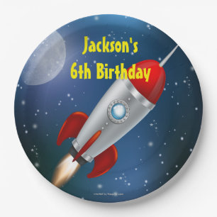 Spaceship, Moon Stars Birthday Party Paper Plate