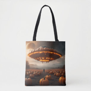 Spaceship On Planet Pumpkin Tote Bag