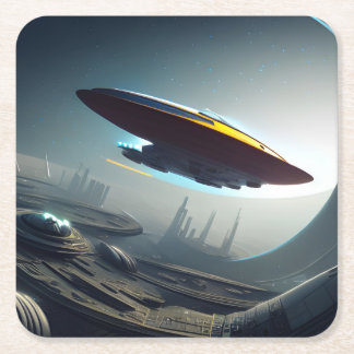 Spaceship over a Futuristic City Square Paper Coaster