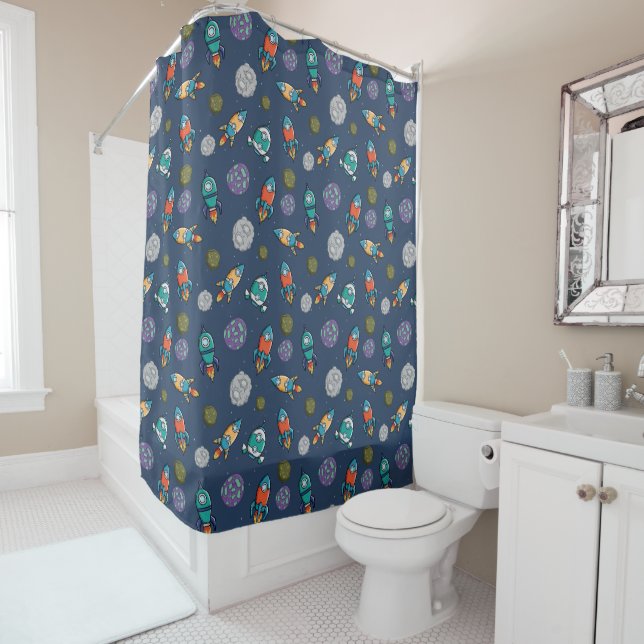 Spaceship Pattern shower curtain (In Situ)