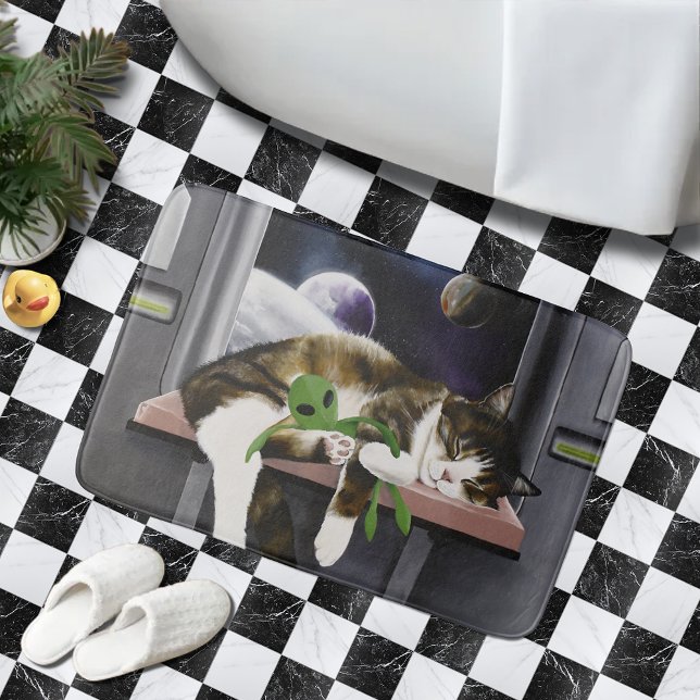 Spaceship Tabby Cat Green Alien Stuffie Sci-Fi Bath Mat (Creator Uploaded)