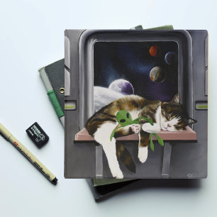 Spaceship Tabby Cat Green Alien Stuffie Sci-Fi Binder
