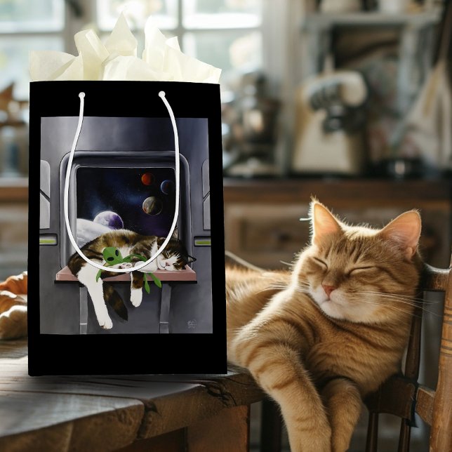 Spaceship Tabby Cat Green Alien Stuffie Sci-Fi Medium Gift Bag (Creator Uploaded)