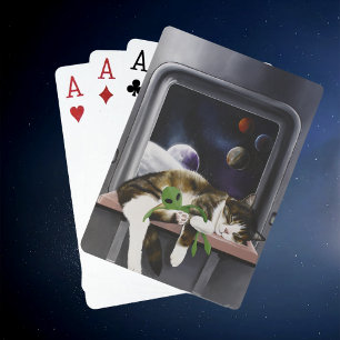 Spaceship Tabby Cat Green Alien Stuffie Sci-Fi Playing Cards