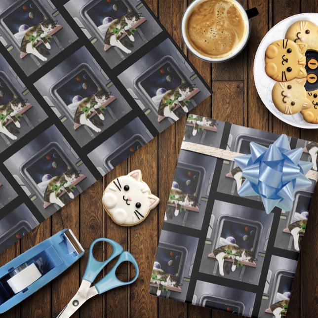 Spaceship Tabby Cat Green Alien Stuffie Sci-Fi Wrapping Paper (Creator Uploaded)
