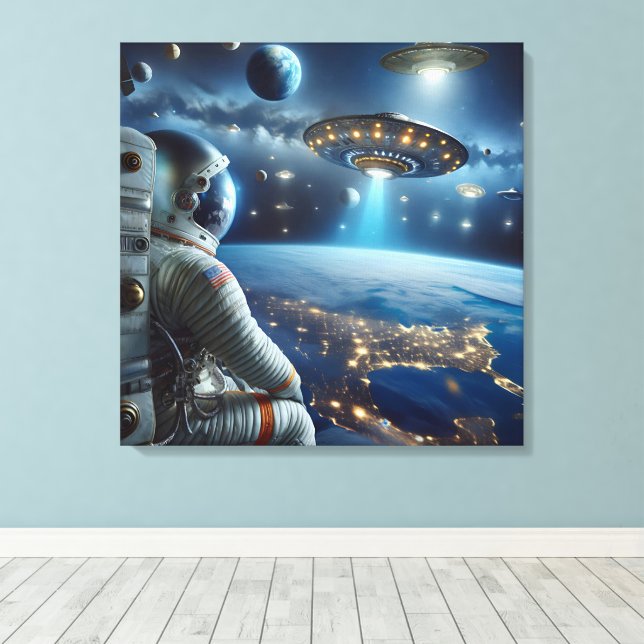 Spaceships and an Astronaut in Outer Space Canvas Print (Insitu(Wood Floor))
