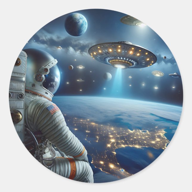 Spaceships and an Astronaut in Outer Space Classic Round Sticker (Front)