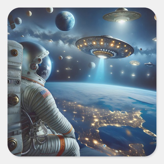 Spaceships and an Astronaut in Outer Space Square Sticker (Front)