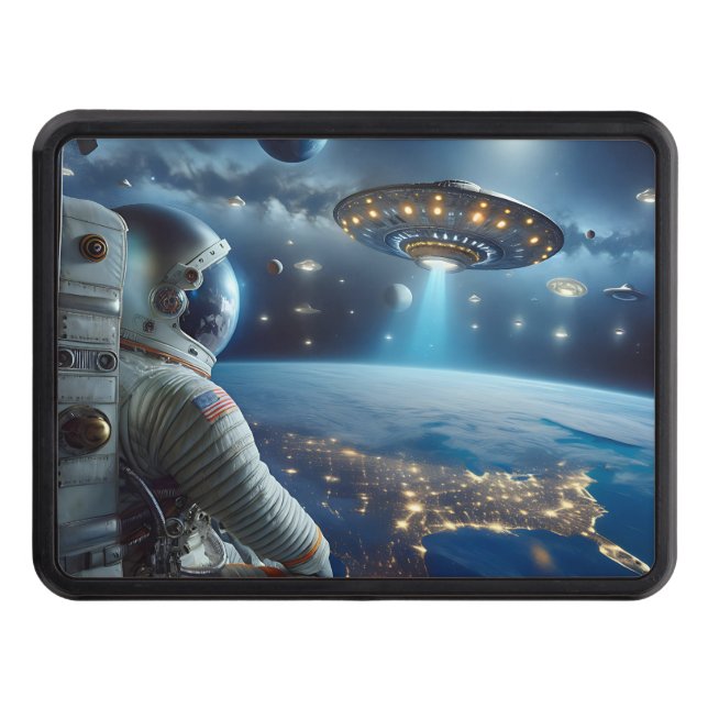 Spaceships and an Astronaut in Outer Space Trailer Hitch Cover (Front)