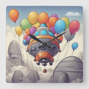 Spaceships with balloons square wall clock
