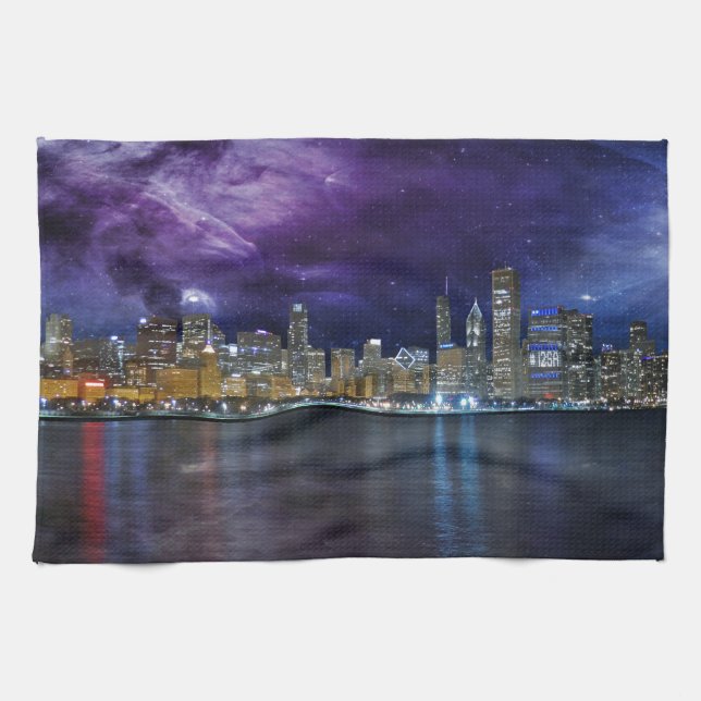 Spacey Chicago Skyline Kitchen Towel (Horizontal)