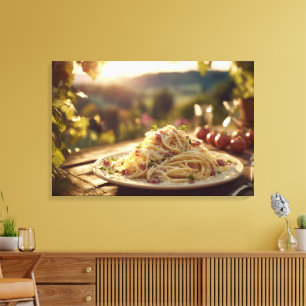 Spaghetti alla Carbonara on Wooden Garden Table Canvas Print