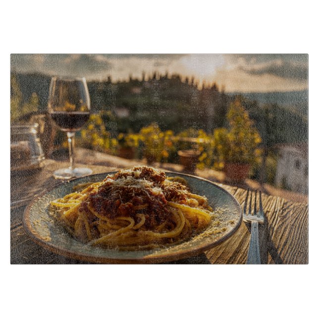 Spaghetti Bolognese on Vineyard Terrace Table Cutting Board (Front)