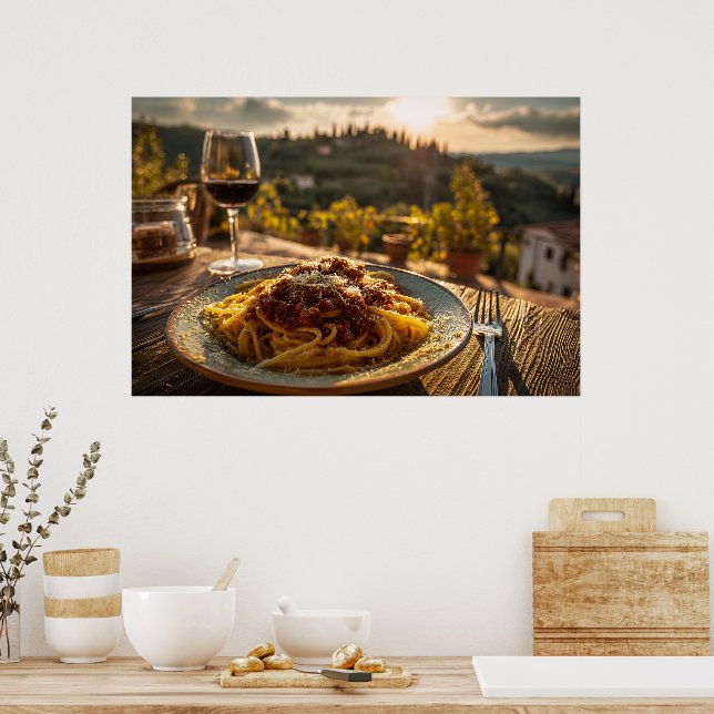 Spaghetti Bolognese on Vineyard Terrace Table Poster (Kitchen)