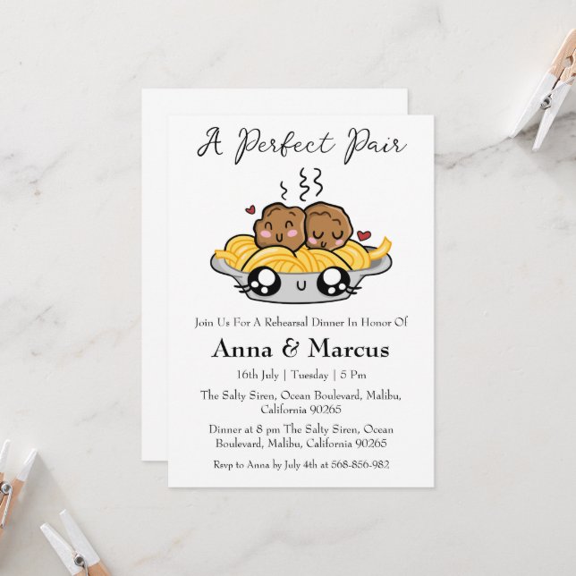 Spaghetti & meatballs a perfect pair bridal dinner invitation (Front/Back In Situ)