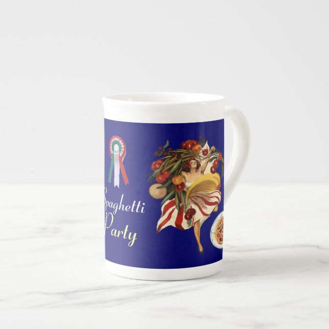 SPAGHETTI PARTY DANCE,ITALIAN KITCHEN AND TOMATOES BONE CHINA MUG (Front Right)