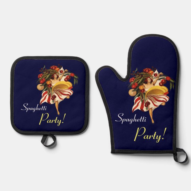 SPAGHETTI PARTY DANCE,ITALIAN KITCHEN AND TOMATOES OVEN MITT & POT HOLDER SET (Front)