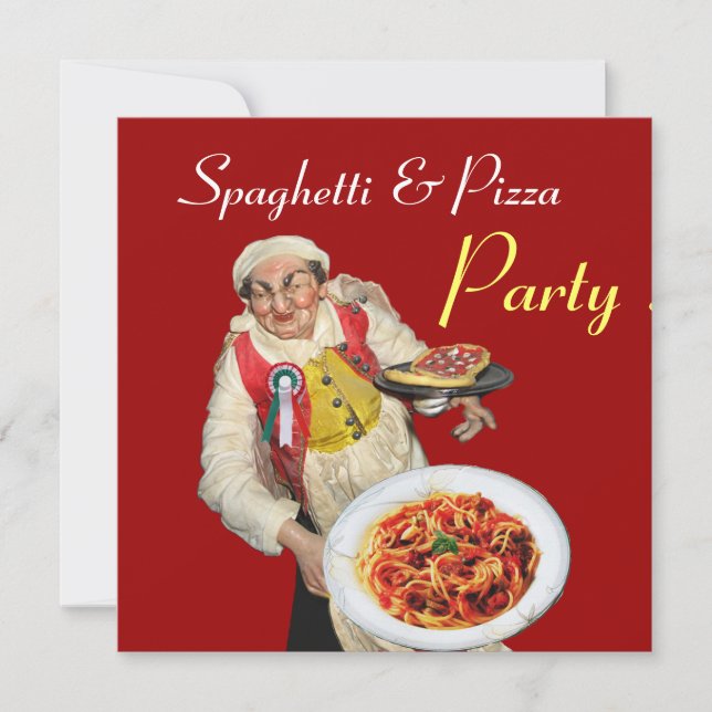 SPAGHETTI & PIZZA PARTY,ITALIAN KITCHEN red black Invitation (Front)