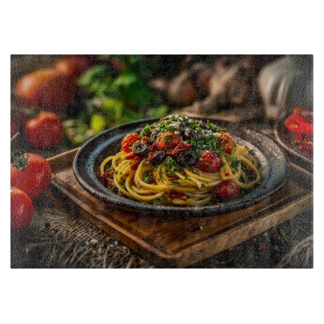Spaghetti Puttanesca with Fresh Tomatoes and Olive Cutting Board (Front)