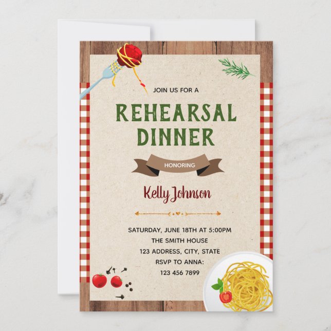 Spaghetti rehearsal dinner theme invitation (Front)