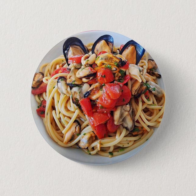 Spaghetti with Mussels & Cherry Tomatoes Food Butt 2 Inch Round Button (Front)