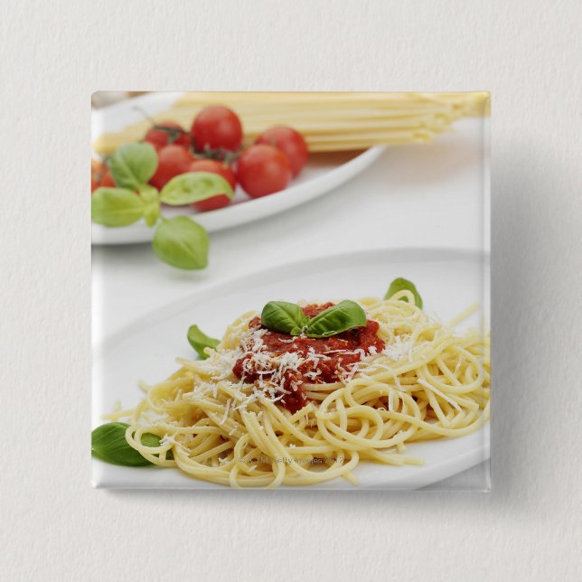 Spaghetti with tomato sauce and basil 2 inch square button (Front)