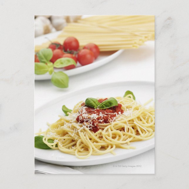 Spaghetti with tomato sauce and basil postcard (Front)