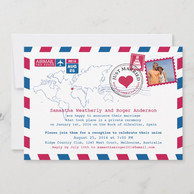 Spain Air Mail Post Wedding Reception Invitation (Front)