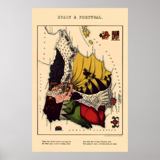 Spain and Portugal Comical Map Vintage Poster (Front)