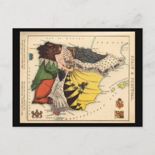 Spain and Portugal Historic Illustrated Map Postcard