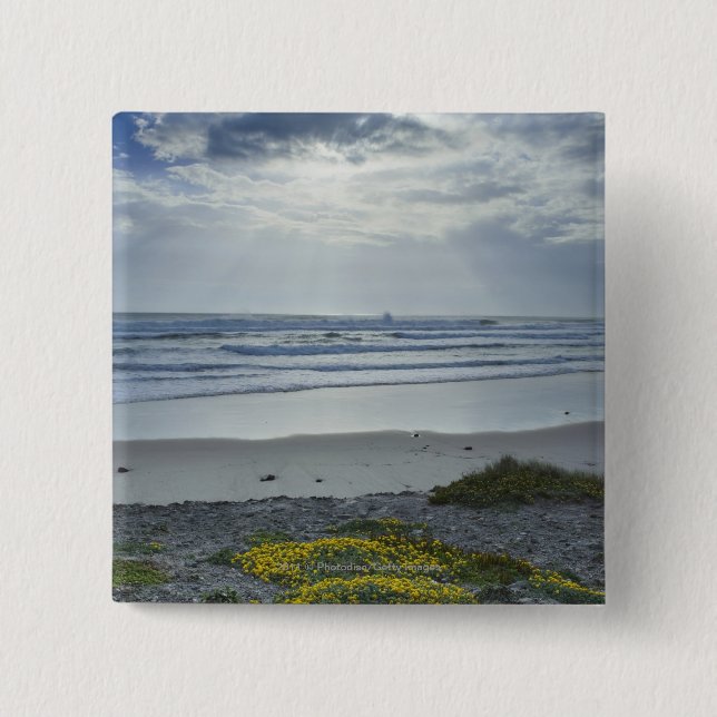 Spain Coastline with Yellow Flowers and Sun Beams 2 Inch Square Button (Front)
