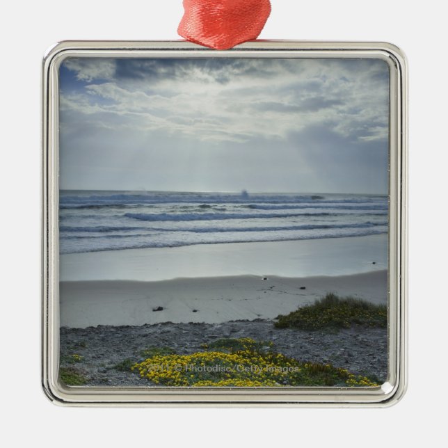 Spain Coastline with Yellow Flowers and Sun Beams Metal Ornament (Front)