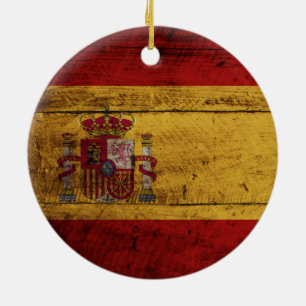 Spain Flag on Old Wood Grain Ceramic Ornament