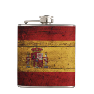 Spain Flag on Old Wood Grain Hip Flask