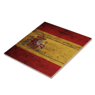 Spain Flag on Old Wood Grain Tile