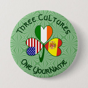 Spain Ireland USA Flags Shamrock Your Name 3 Inch Round Button