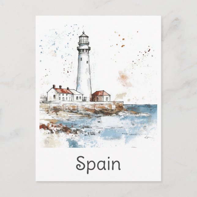 Spain Lighthouse Coast Watercolor Spanish Travel Postcard (Front)