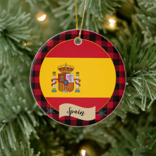 Spain, Red buffalo plaid & Spanish Flag Ceramic Ornament