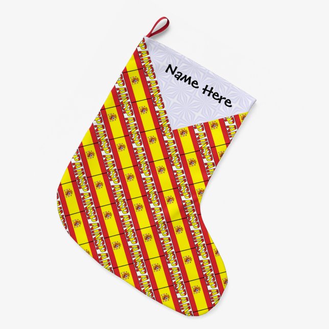 Spain Spanish Flag Tiled Personalized Name  Large Christmas Stocking (Front (Hanging))