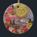 Spain Sunshine Spanish Travel Art Ceramic Ornament<br><div class="desc">This Spain Sun collage is all about visiting the beautiful country of Spain. Our Spanish collage incorporates antique ephemera showing beautiful vintage images - a Spanish-inspired antique sun face, Barcelona and Madrid tile signs, Spanish architecture, Spanish Flamenco dancing, a Spanish fan, as well as roses, lace, and a glass of...</div>