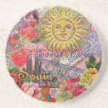 Spain Sunshine Spanish Travel Art Coaster<br><div class="desc">This Spain Sun collage is all about visiting the beautiful country of Spain. Our Spanish collage incorporates antique ephemera showing beautiful vintage images - a Spanish-inspired antique sun face, Barcelona and Madrid tile signs, Spanish architecture, Spanish Flamenco dancing, a Spanish fan, as well as roses, lace, and a glass of...</div>