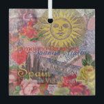 Spain Sunshine Spanish Travel Art Glass Ornament<br><div class="desc">This Spain Sun collage is all about visiting the beautiful country of Spain. Our Spanish collage incorporates antique ephemera showing beautiful vintage images - a Spanish-inspired antique sun face, Barcelona and Madrid tile signs, Spanish architecture, Spanish Flamenco dancing, a Spanish fan, as well as roses, lace, and a glass of...</div>