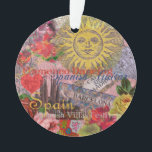 Spain Sunshine Spanish Travel Art Ornament<br><div class="desc">This Spain Sun collage is all about visiting the beautiful country of Spain. Our Spanish collage incorporates antique ephemera showing beautiful vintage images - a Spanish-inspired antique sun face, Barcelona and Madrid tile signs, Spanish architecture, Spanish Flamenco dancing, a Spanish fan, as well as roses, lace, and a glass of...</div>