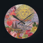 Spain Sunshine Spanish Travel Art Round Clock<br><div class="desc">This Spain Sun collage is all about visiting the beautiful country of Spain. Our Spanish collage incorporates antique ephemera showing beautiful vintage images - a Spanish-inspired antique sun face, Barcelona and Madrid tile signs, Spanish architecture, Spanish Flamenco dancing, a Spanish fan, as well as roses, lace, and a glass of...</div>