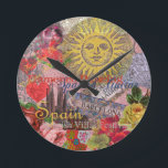 Spain Sunshine Spanish Travel Art Round Clock<br><div class="desc">This Spain Sun collage is all about visiting the beautiful country of Spain. Our Spanish collage incorporates antique ephemera showing beautiful vintage images - a Spanish-inspired antique sun face, Barcelona and Madrid tile signs, Spanish architecture, Spanish Flamenco dancing, a Spanish fan, as well as roses, lace, and a glass of...</div>